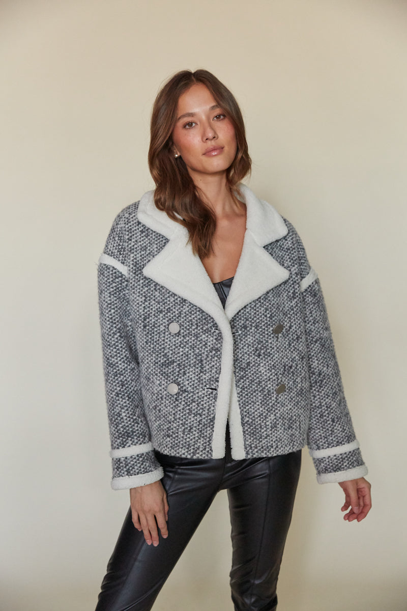 oversize double breasted fleece tweed jacket with fuzzy notched collar and wide sleeves