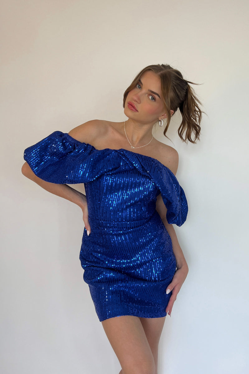 off shoulder sequin hoco dress - cobalt blue homecoming dress for 2023