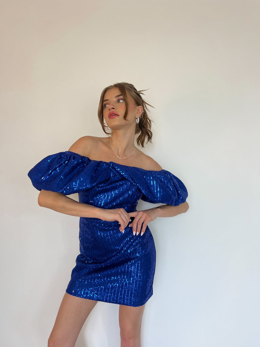 The Gardens Puff Sleeve Sequins Dress American Threads Hoco Boutique Cobalt Blue / S / No returns/exchanges The Gardens Puff Sleeve Sequins Dress American Threads Hoco Boutique Cobalt Blue / S / No returns/exchanges