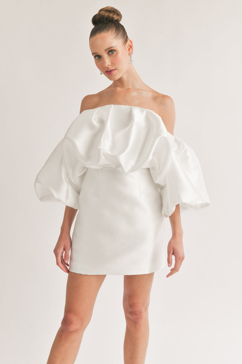 white glossy statement puff bodycon mini dress | white statement mini dress