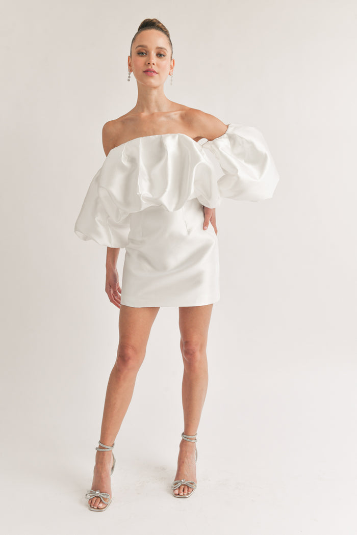 poof top satin white bodycon mini dress | unique rush dress boutique 