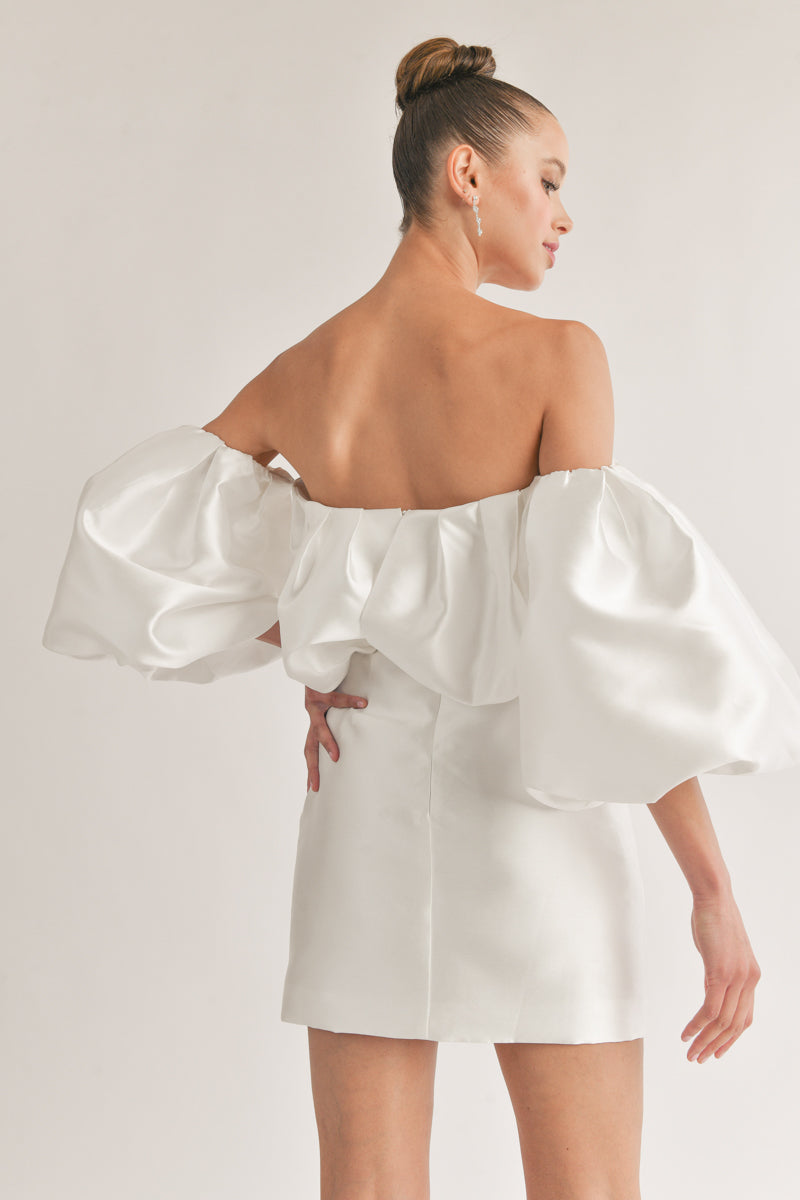 white satin off the shoulder puff bodycon mini dress | unique white mini dress boutique 