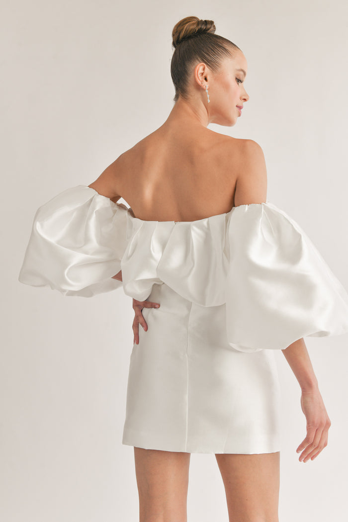 white satin off the shoulder puff bodycon mini dress | unique white mini dress boutique