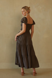 brown puff sleeve crop top and matching maxi skirt set