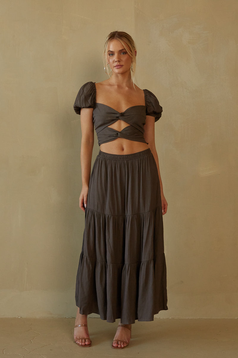 brown puff sleeve keyhole front crop top and tiered maxi skirt set |. top with double twist and cutout design