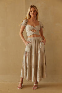ecru tiered maxi skirt and puff sleeve crop top set  | matching off white maxi skirt set 
