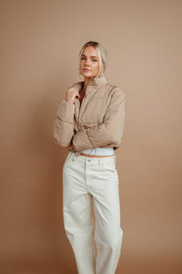 beige cozy puffer jacket with pockets | latte colored puffer jacket