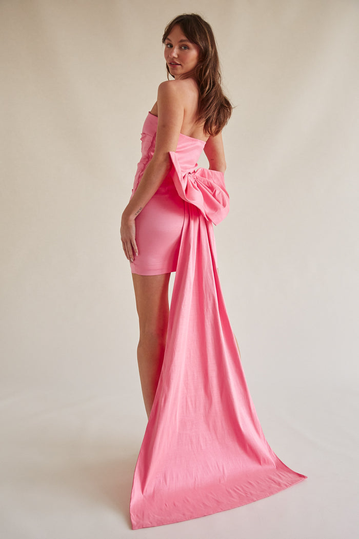 pink homecoming dress with dramatic bow back