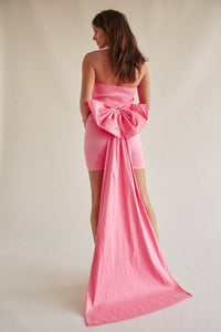 bubblegum pink barbiecore bow dress with train - homecoming dress
