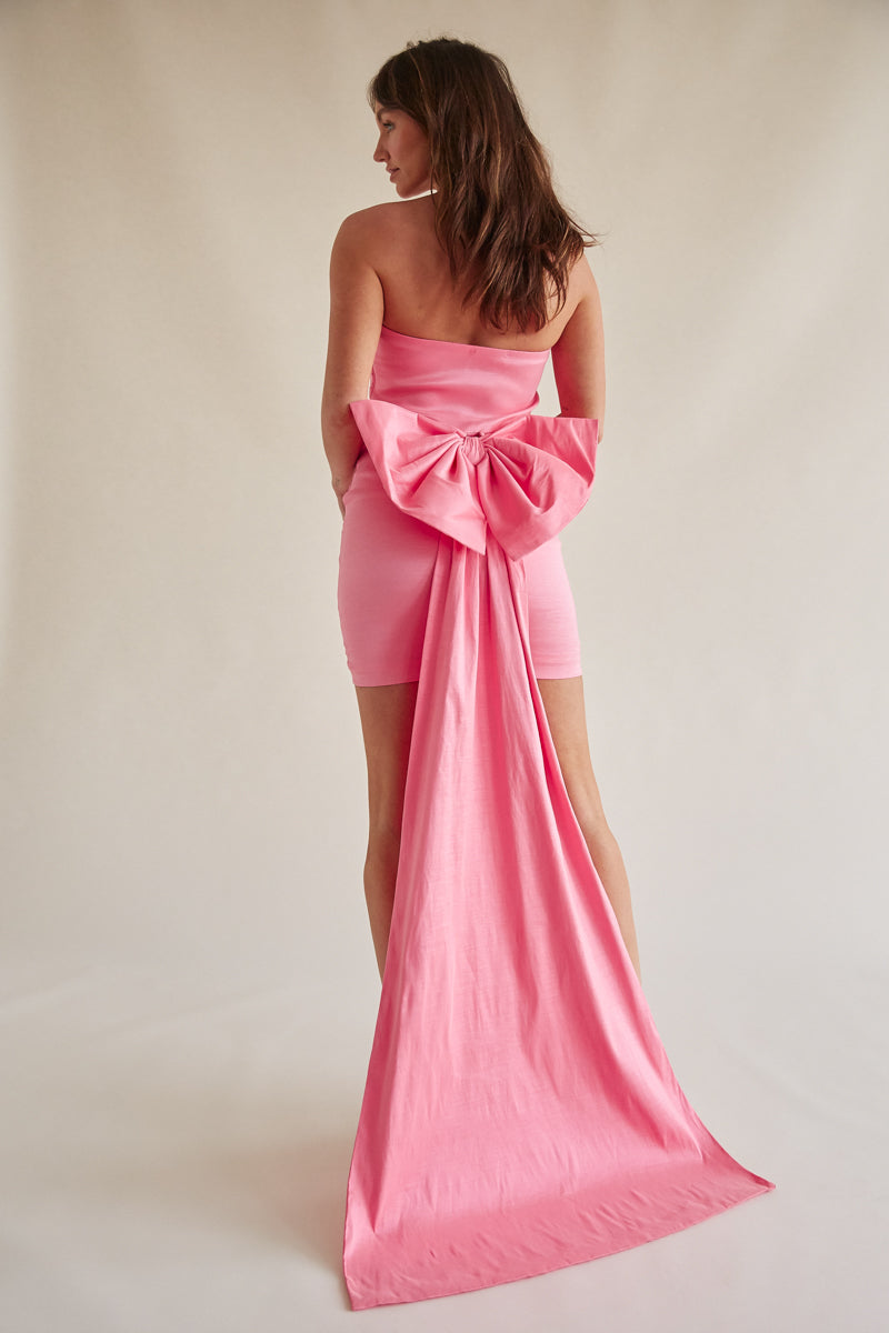 Valencia Bodycon Bow Train Mini Dress | Shop American Threads Boutique Pink / L Valencia Bodycon Bow Train Mini Dress | Shop American Threads Boutique Pink / L