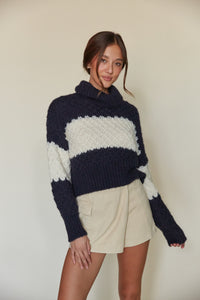 gorgeous lattice stitch knit sweater with turtleneck | dark blue sweater with cream stripe through the middle