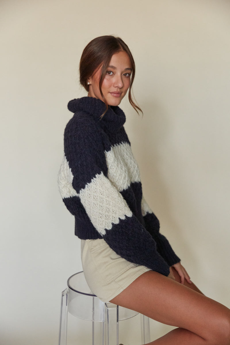beautiful knit turtleneck sweater with one white stripe | preppy old money sweater