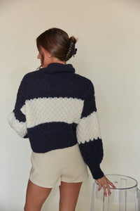 navy blue cream striped oversized turtle neck sweater  