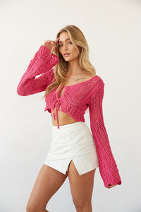 pink crochet top - pink open knit sweater top - colorful fall outfit
