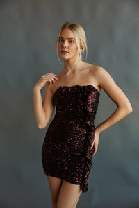 strapless ruched mini black bodycon dress with red sequins and side ruffle drape detailing - sparkly fall mini dress