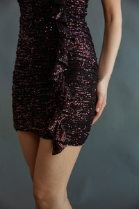 black ruched dress with all over sequins and side ruffle drape detailing - spaghetti strap sparkle dress 
