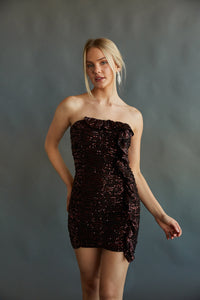 strapless mini dress with all over ruching and red sequins - unique hoco dress boutique
