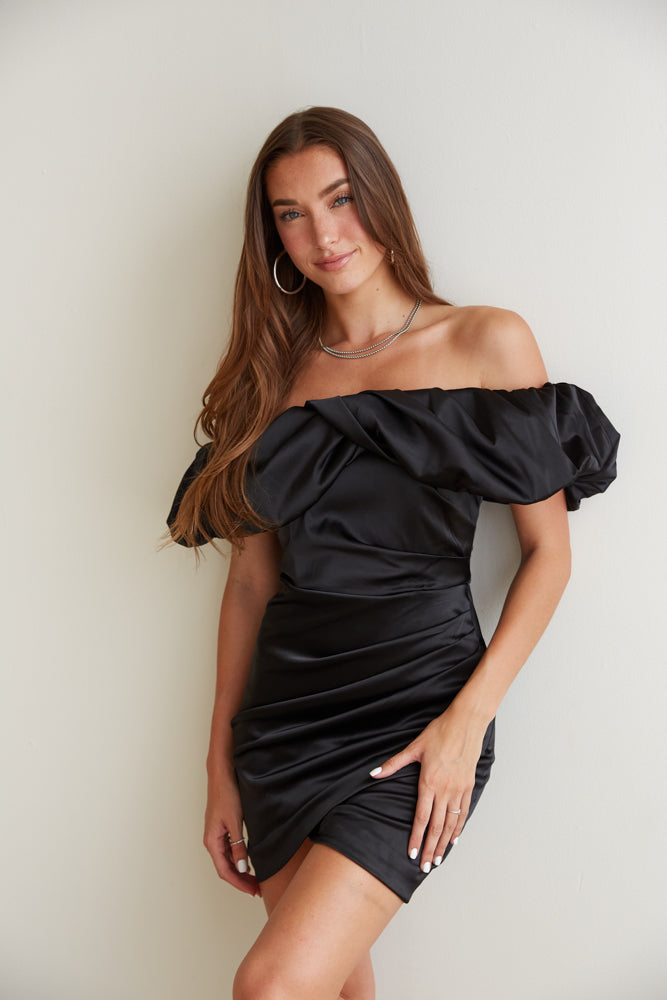 black satin off the shoulder dress - birthday parties - going out - bachelorette - homecoming - hoco