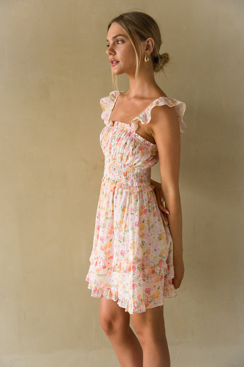 Wanda Floral Ruffle Babydoll Mini Dress, Pink Floral / L