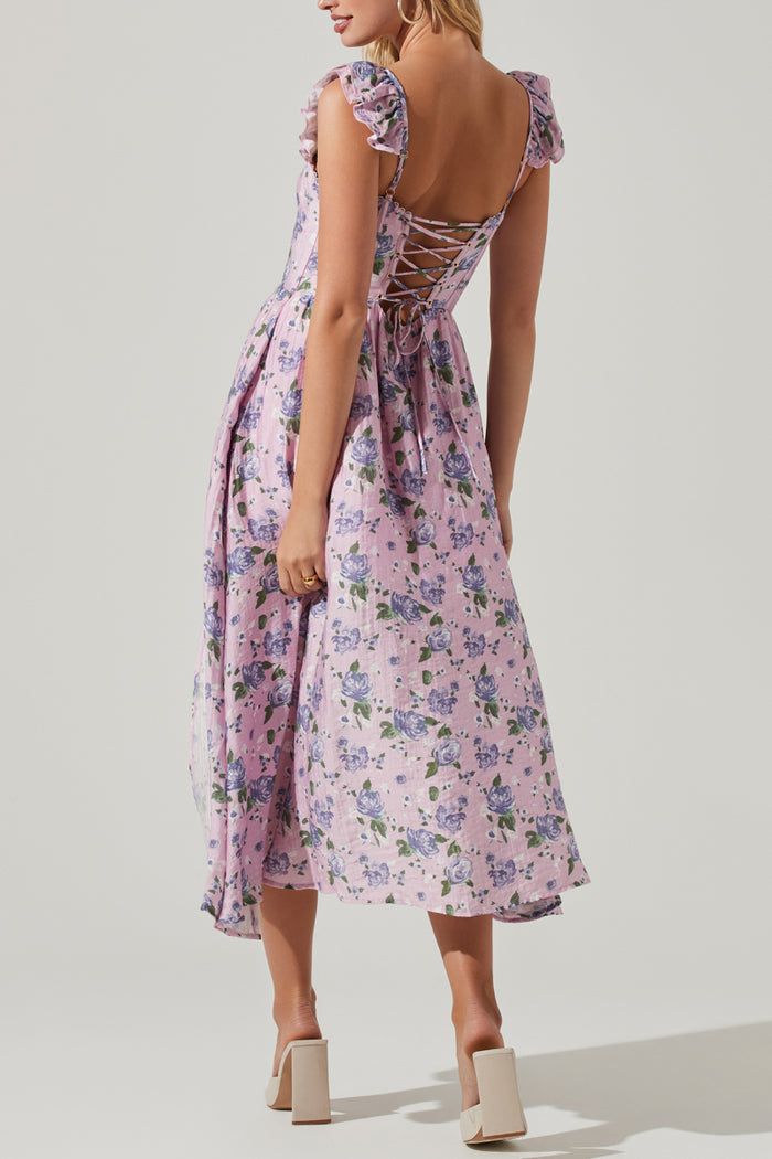 pink and purple floral midi dress with lace up back | rush boutique 2024