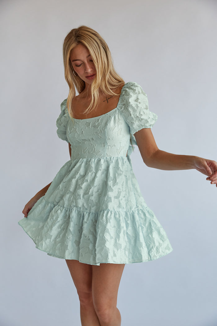 Whitley Tie Back Puff Sleeve Babydoll Mini Dress Shop American Threads Women's Trendy Online Boutique Mint / M Whitley Tie Back Puff Sleeve Babydoll Mini Dress Shop American Threads Women's Trendy Online Boutique Mint / M