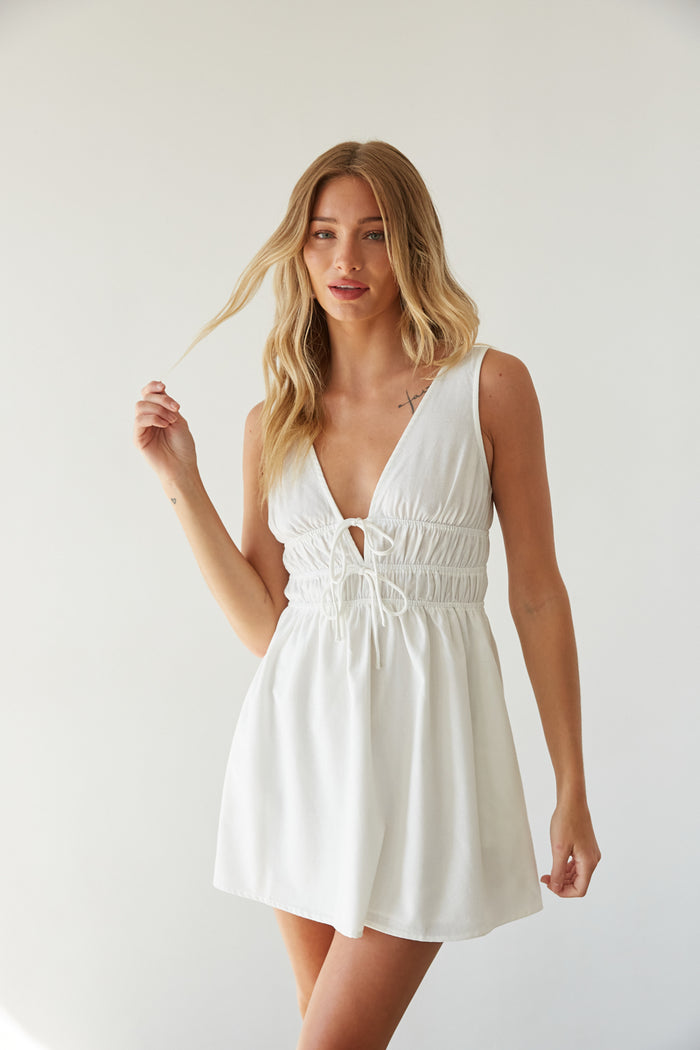white-image | front view | white smocked waist mini dress | summer outfit inspo