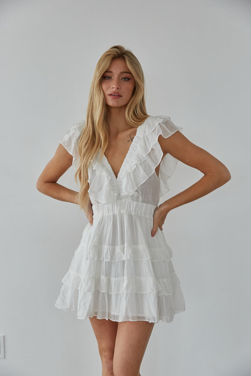 white tiered ruffle mini dress - flutter sleeve graduation dress - sorority rush outfit