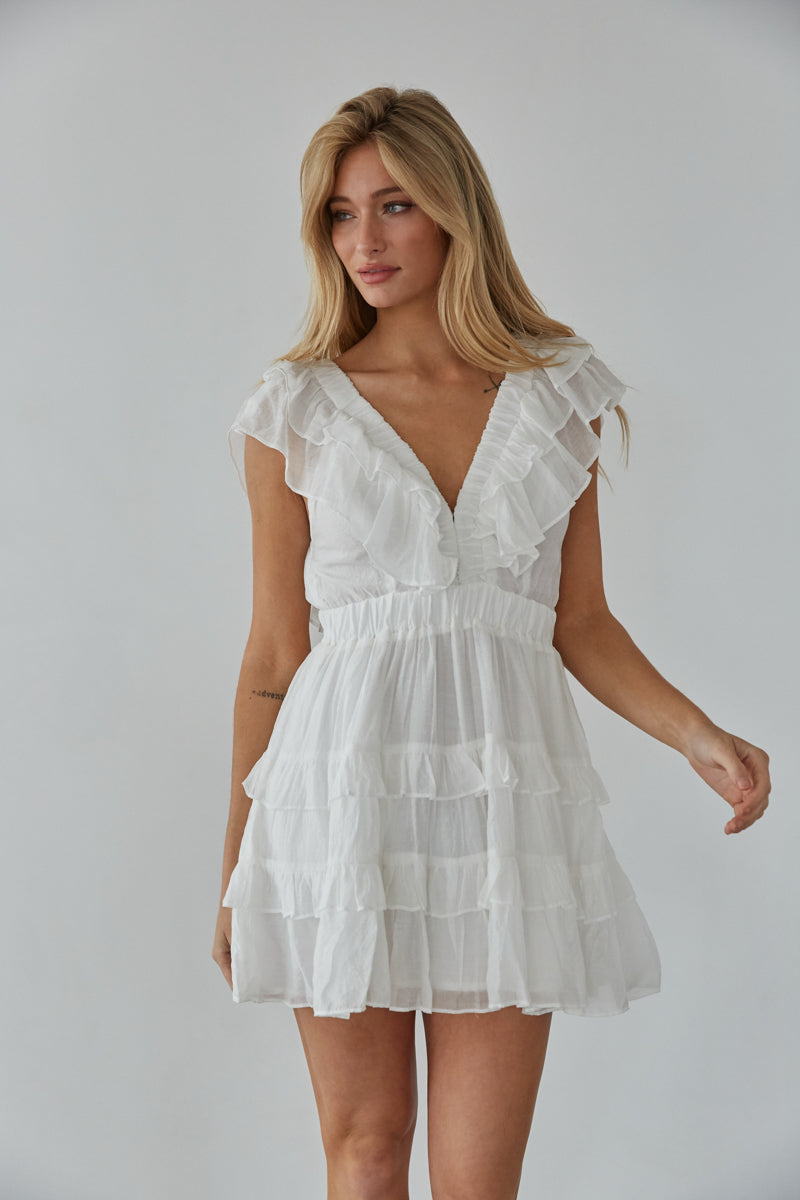 white tiered ruffle mini dress - soroity recruitment dress inspo - casual bridal dress