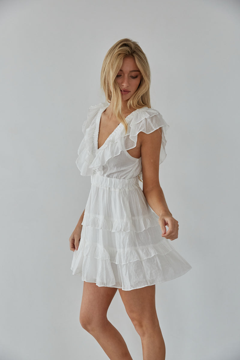 white ruffle sleeve mini dress - bridal shower dress graduation outfit inspo