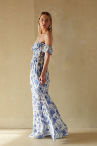 blue and white floral pattern off the shoulder smocked waist maxi dress | Greek style blue and white dress