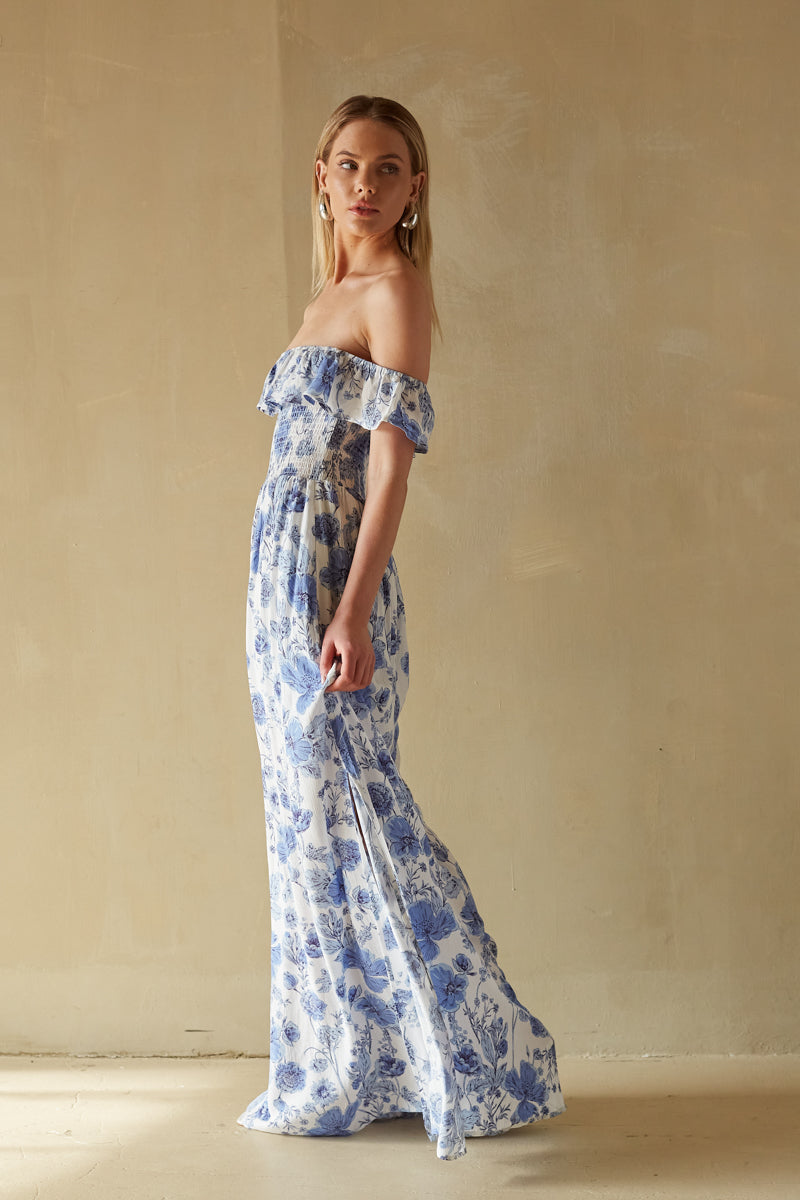 blue and white floral pattern off the shoulder smocked waist maxi dress | Greek style blue and white dress