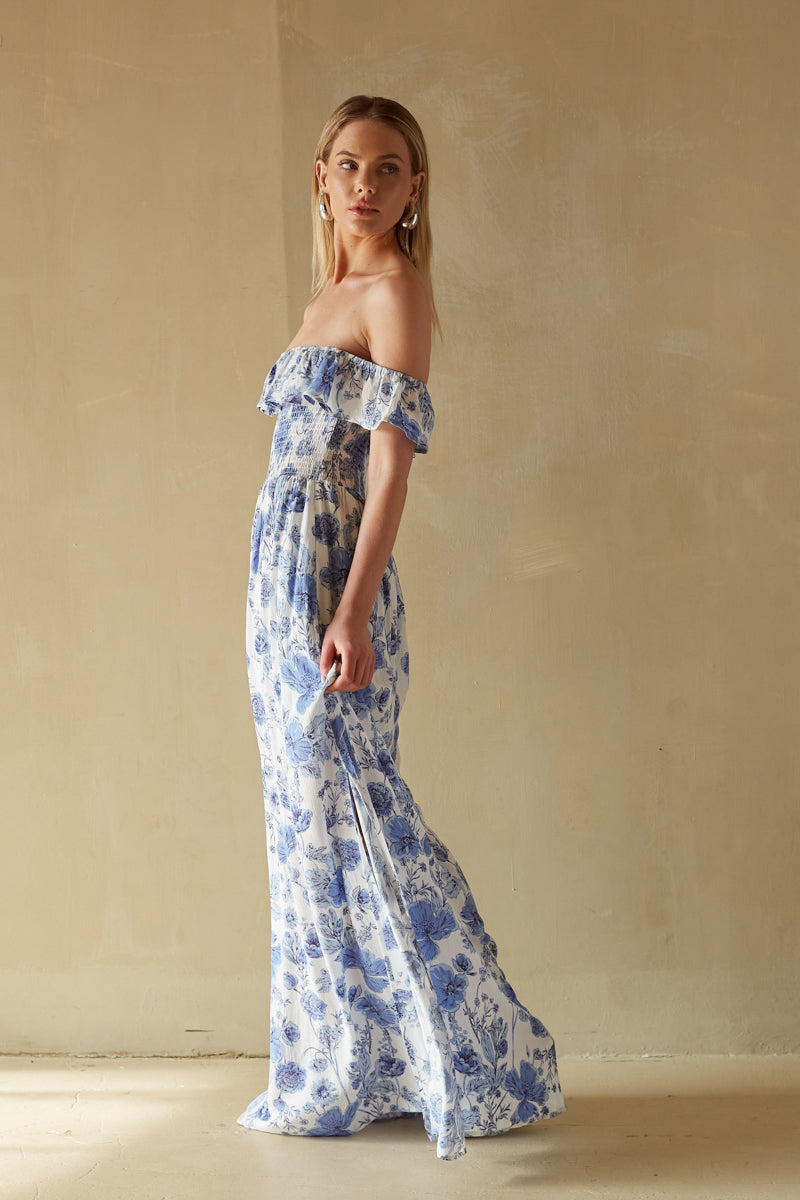 alahna tie strap light blue floral maxi dress Wedtrend Women Blue Floral Casual Dress A Line Spaghetti Straps Boho Maxi Summer Dress, Blue / XL