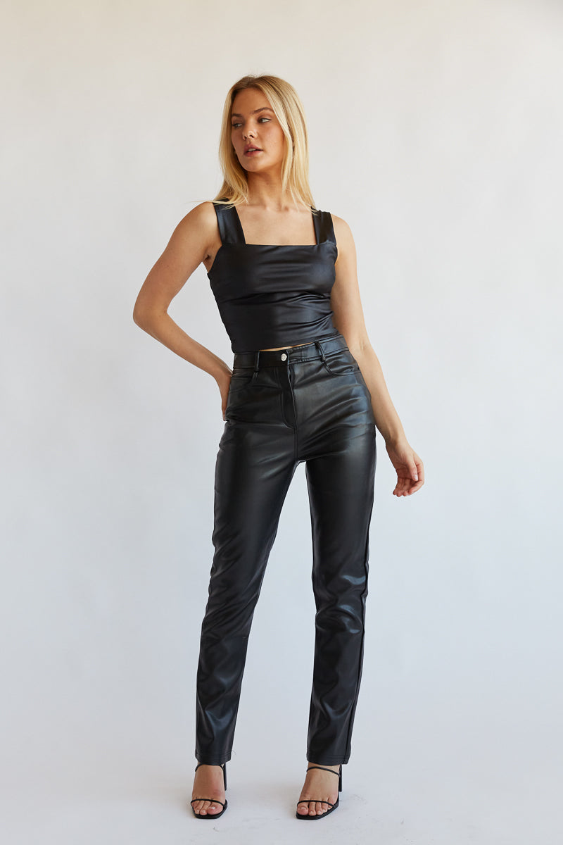 going out outfit inspo 2023 - bar outfit boutique - black vegan faux leather pants
