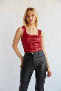 cherry red faux leather open back cropped tank top - going out boutique