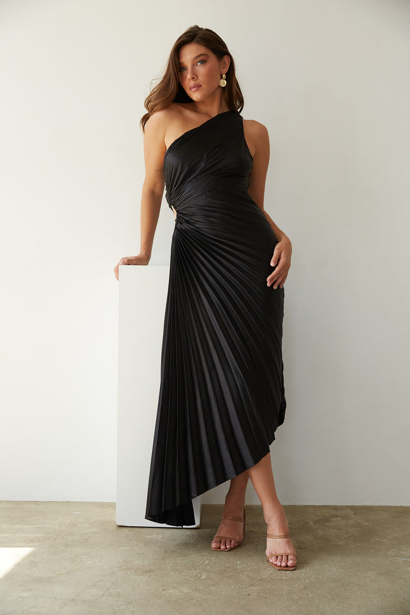 Zora One Shoulder Pleated Midi Dress | Shop American Threads Boutique Black / S Zora One Shoulder Pleated Midi Dress | Shop American Threads Boutique Black / S