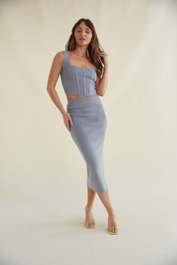 steel blue knit two piece set - grey corset style knit top - blue corset tank top with boning