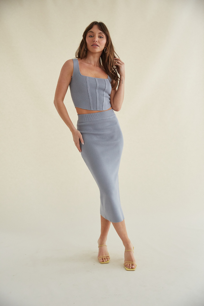 steel blue knit two piece set - grey corset style knit top - blue corset tank top with boning
