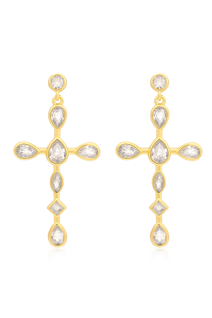 gold luv aj cross studs with bezel stones