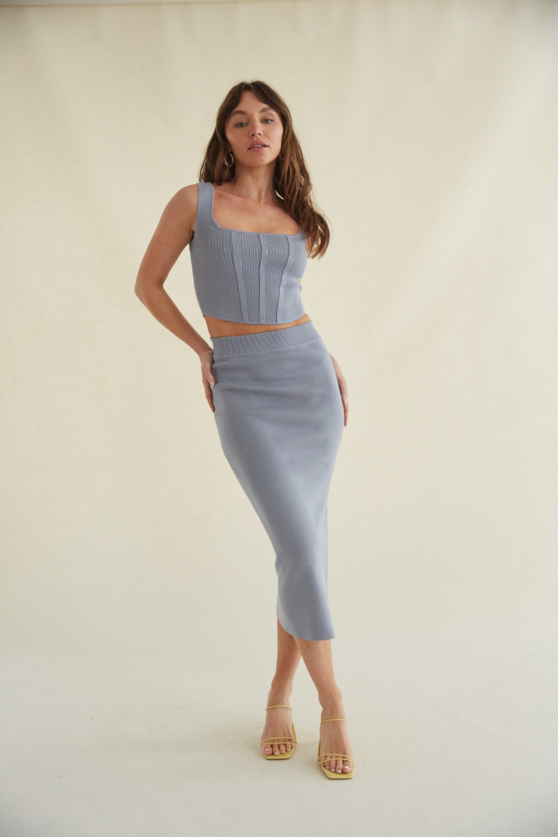 steel blue knit two piece set - grey corset tan top and maxi skirt - blue ribbed midi skirt
