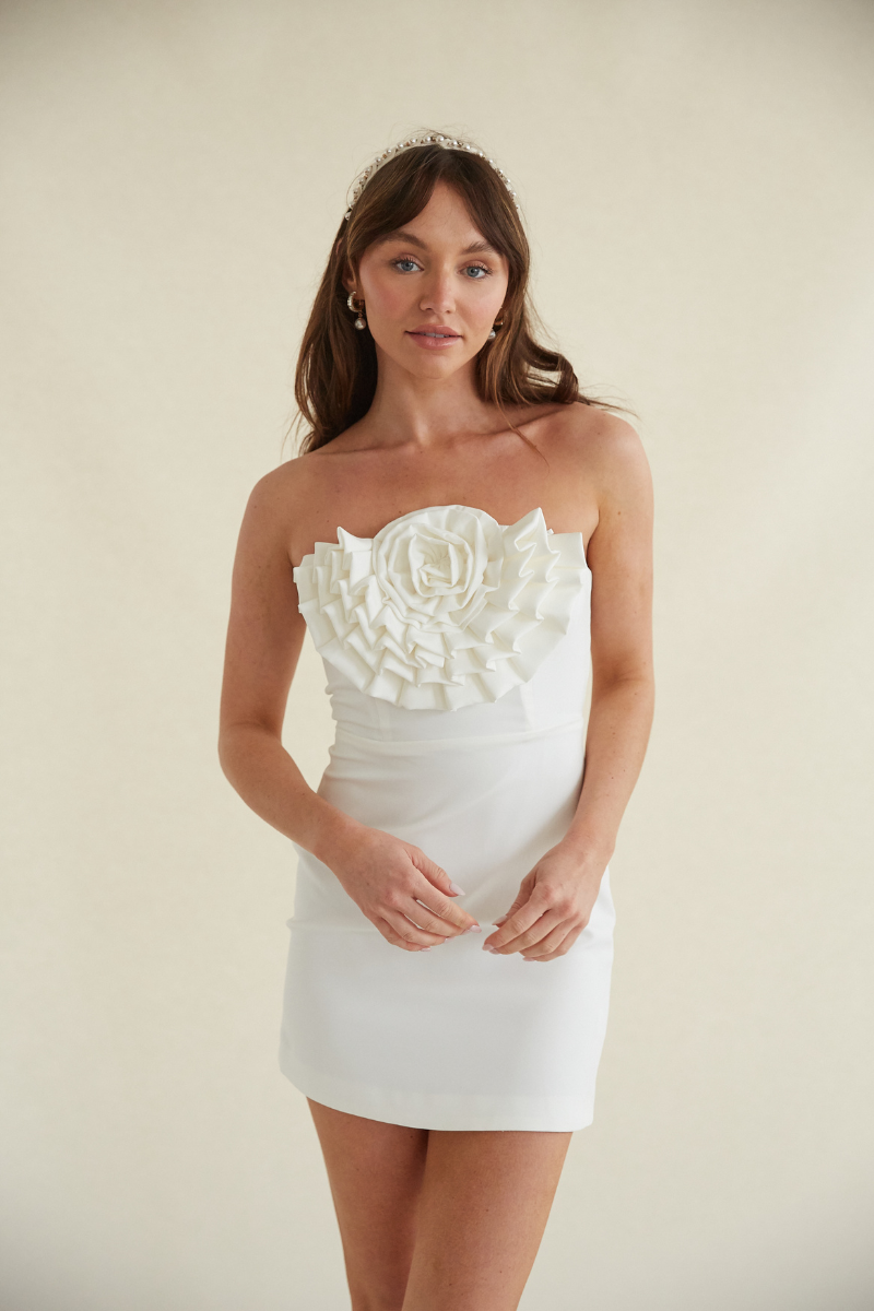 white rose front mini dress - bridal outfit inspo - rose appliqued white mini dress | white-image