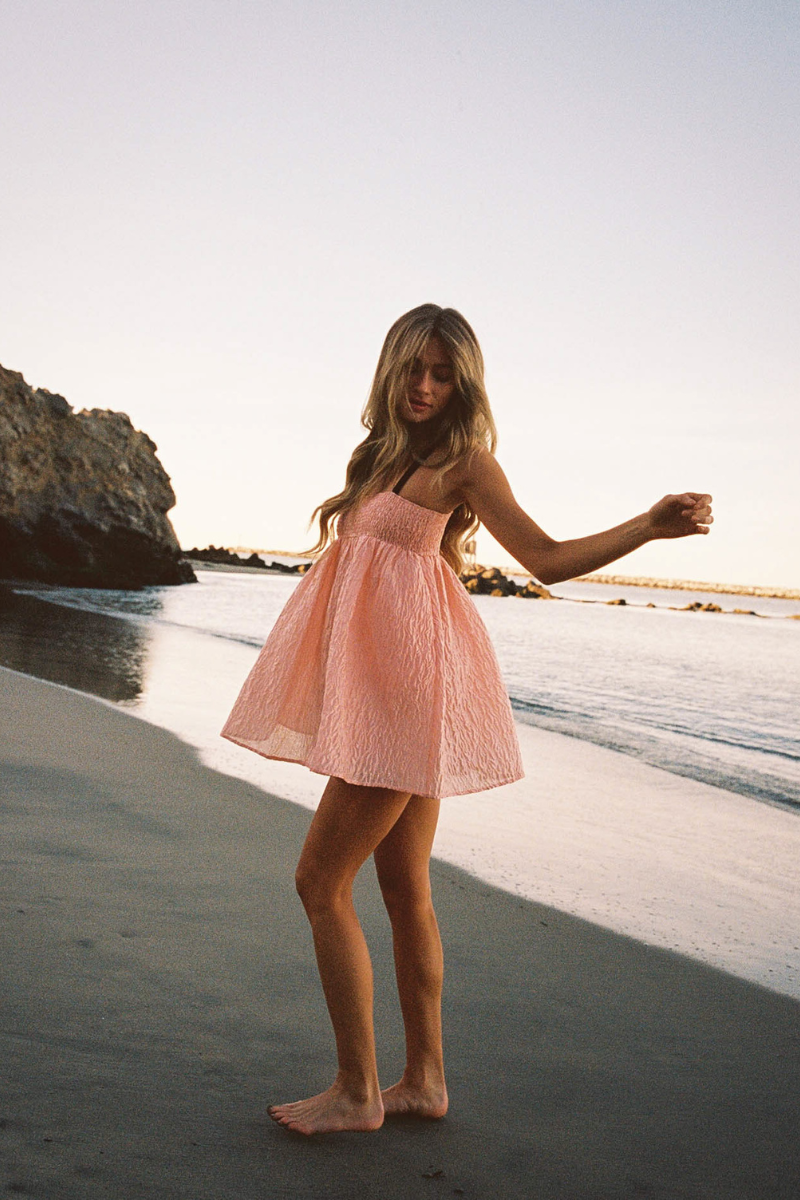 Madi Textured Satin Tie Strap Babydoll Dress, Peach / M