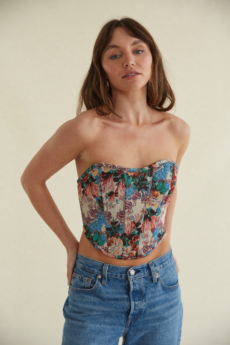 sweetheart neckline corset top - strapless lace-up corset - floral print tapestry corset
