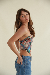 tapestry corset top - floral print strapless corset - lace-up ribbon back top