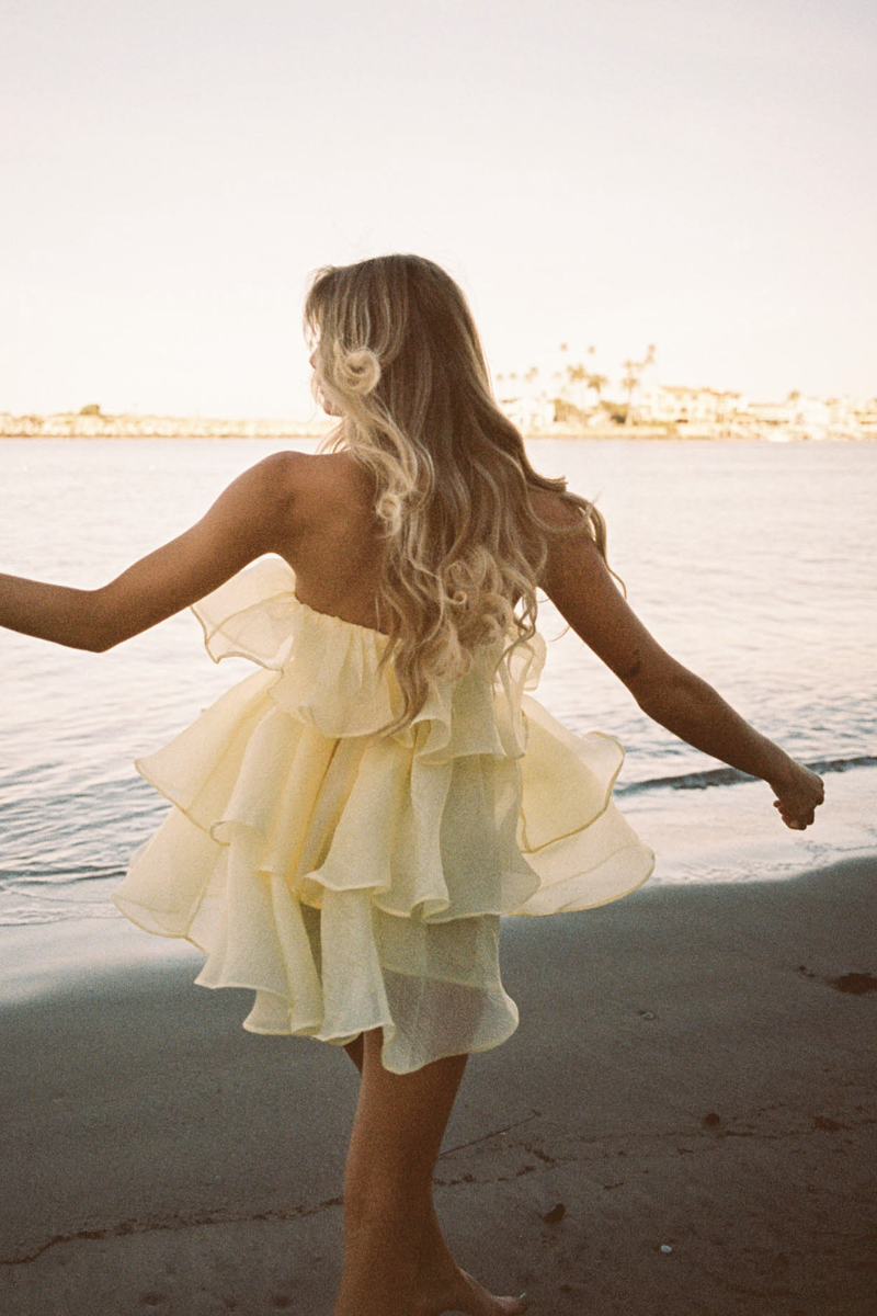 yellow strapless ruffle dress - summer wedding guest dress