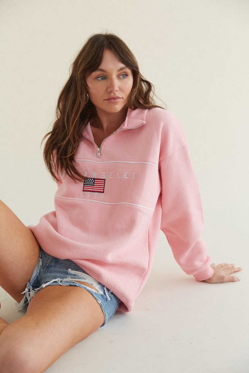 los angeles 1992 embroidered sweatshirt - comfy oversized sweaters - pink slouchy sweatshirt