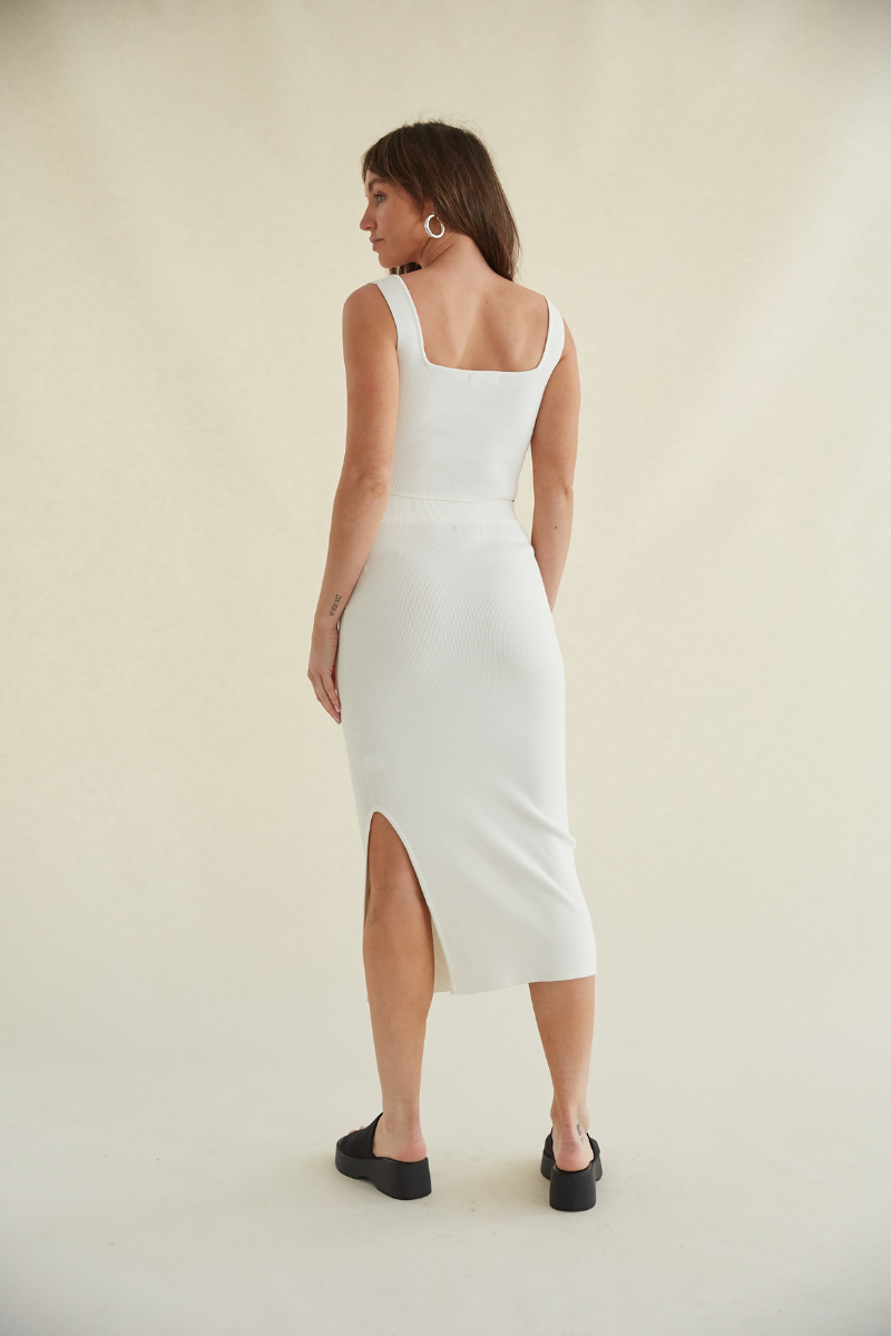 white knit maxi skirt with side slit - bodycon midi skirt with slit - white knit two piece set
