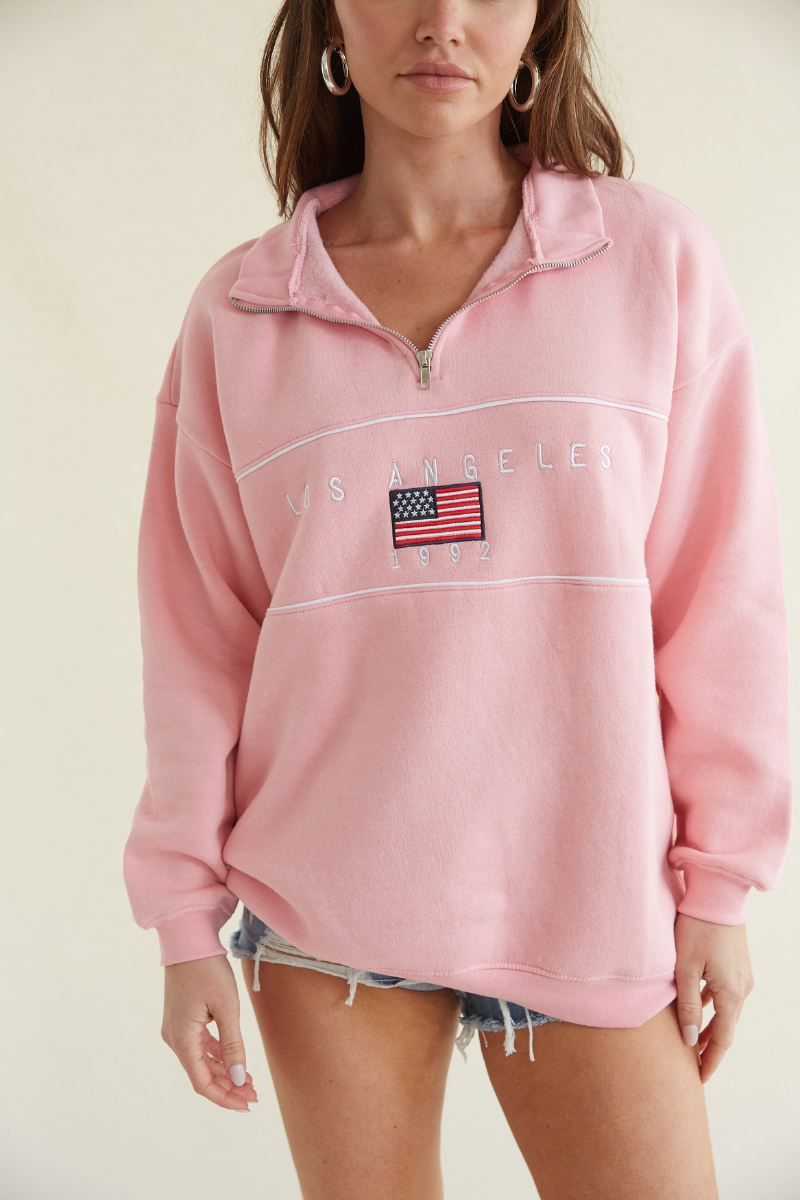 pink LA quarter zip - sweatshirt with quarter zipper - pink los angeles 1992 sweatshirt
