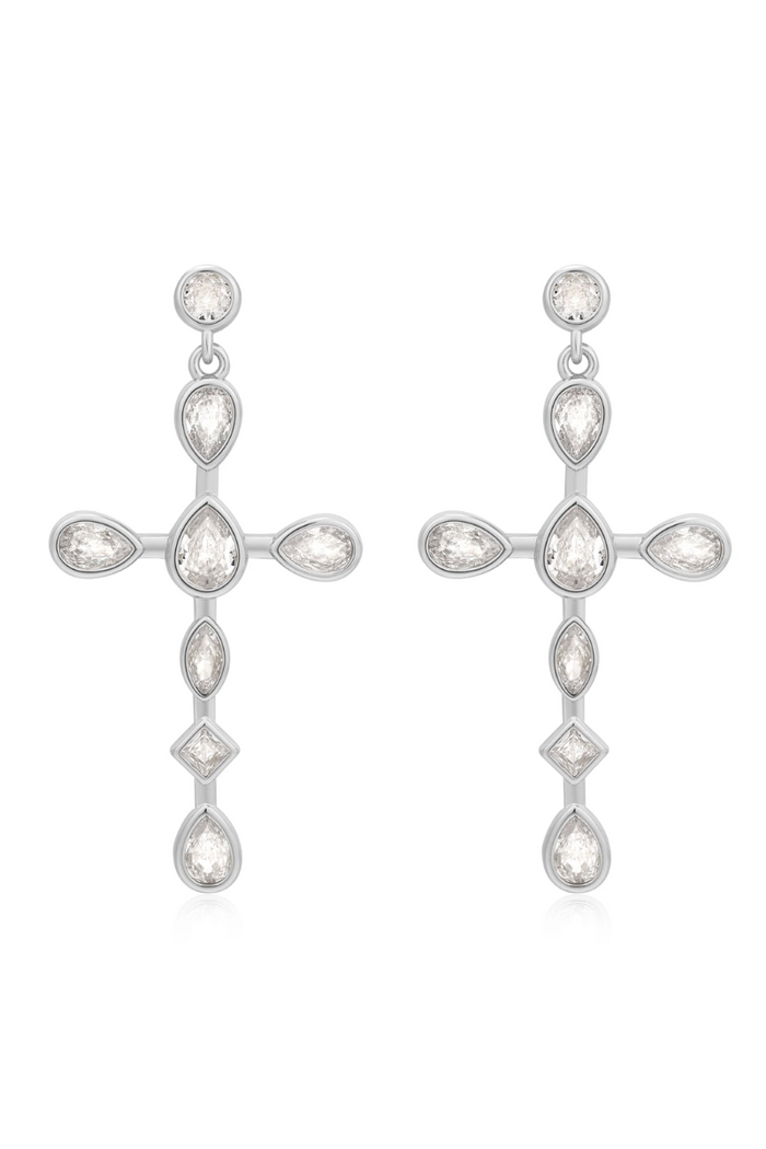 silver bezel stone cross studs