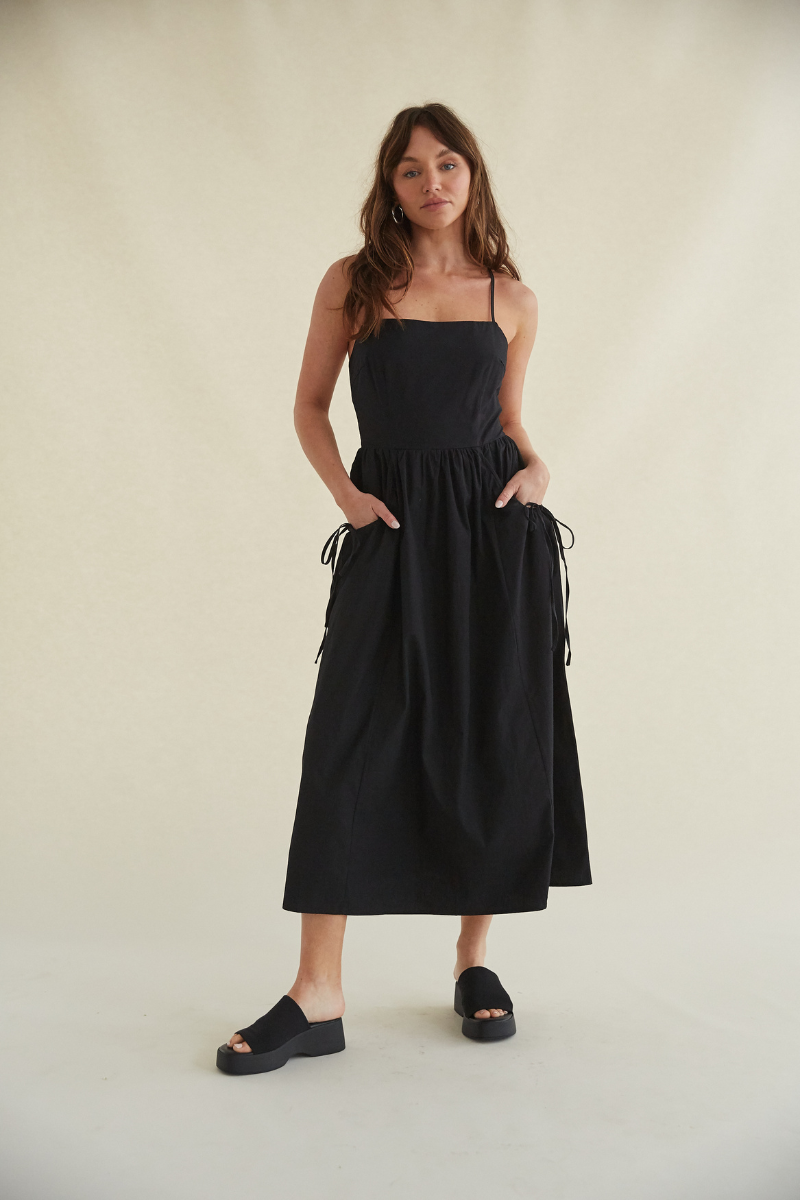 black midi dress with pockets - spaghetti strap tie back midi dress
