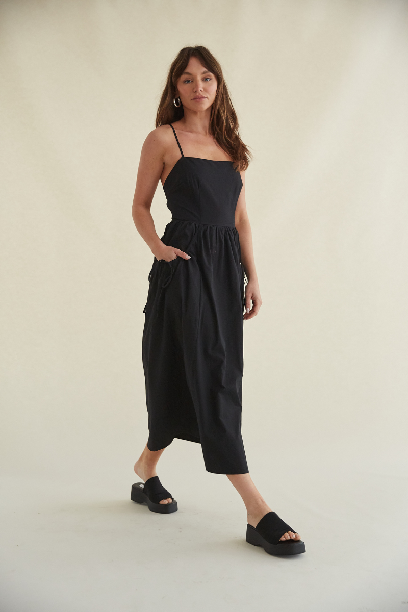 black cotton midi dress - open back midi dress with pockets